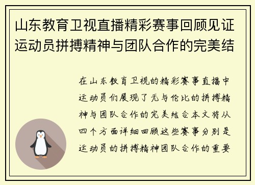山东教育卫视直播精彩赛事回顾见证运动员拼搏精神与团队合作的完美结合