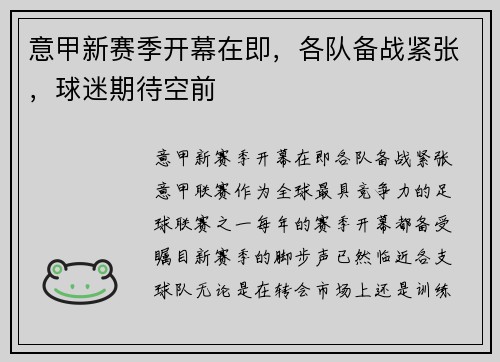 意甲新赛季开幕在即，各队备战紧张，球迷期待空前